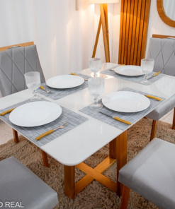 Mesa de Jantar Pedro 120x80 Vidro Off/Base Madeira + 4 Cad. Lisboa Veludo Prata 514 Madeira Art Assento - Entregue Montada - Imagem 2