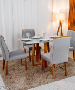 Mesa de Jantar Pedro 120x80 Vidro Off/Base Madeira + 4 Cad. Lisboa Veludo Prata 514 Madeira Art Assento - Entregue Montada - Imagem 3