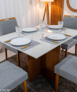 Mesa de Jantar Helo 120×90 Vidro Off/Base Mel Poliman + 4 Cad. Isabela Linho Cinza 05 Madeira Maciça KM Decor - Entregue Montada - Imagem 2