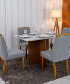 Mesa de Jantar Helo 120×90 Vidro Off/Base Mel Poliman + 4 Cad. Isabela Linho Cinza 05 Madeira Maciça KM Decor - Entregue Montada - Imagem 3