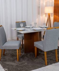 Mesa de Jantar Helo 120×90 Vidro Off/Base Mel Poliman + 4 Cad. Isabela Linho Cinza 05 Madeira Maciça KM Decor - Entregue Montada