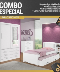 Combo - Roupeiro Merídian Branco 2 Pts + Cômoda Firenze Branco + Cama Solteiro Milênio Branca + Cama Auxiliar 2 Gavetas Branca - D Doro