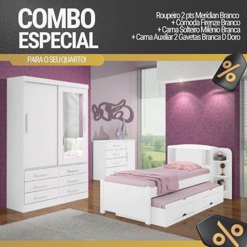 Combo - Roupeiro Merídian Branco 2 Pts + Cômoda Firenze Branco + Cama Solteiro Milênio Branca + Cama Auxiliar 2 Gavetas Branca - D Doro
