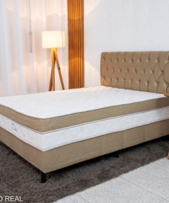 Cama Box Casal Premium Ortopédica D33 138x188x62 Nosso Sonho + Painel Cabeceira Lavínia Veludo Bege | Suporta até 250kg