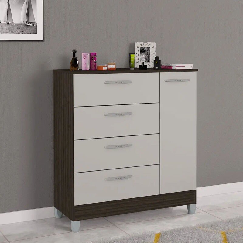 Cômoda com 1 Porta 4 Gavetas Chocolate/Off Larg. 0.86m Poquema - Oferta