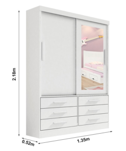 Roupeiro Solteiro Merídian Branco 2 portas c/ 1 Espelho 6 Gavetas Larg. 1.35m - D Doro - Imagem 2