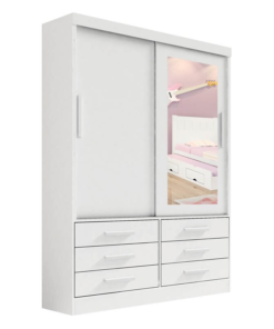 Roupeiro Solteiro Merídian Branco 2 portas c/ 1 Espelho 6 Gavetas Larg. 1.35m - D Doro
