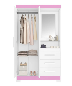 Roupeiro Solteiro NT 6020 Larg. 1.08m Branco/Rosa 2 portas 3 Gavetas Flex C/Pés - Notável - Imagem 2