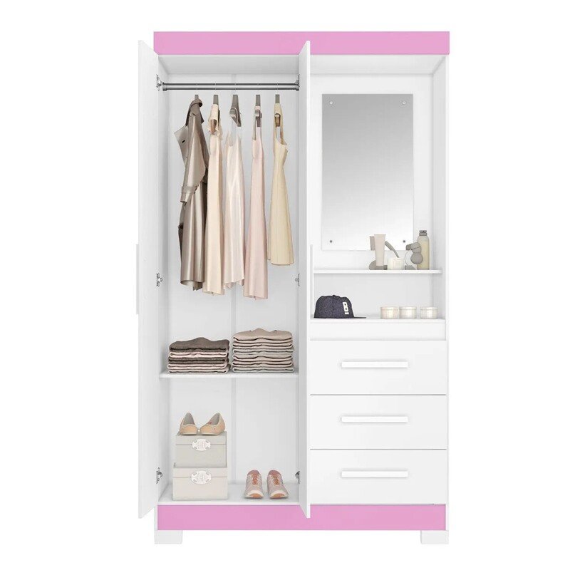 Roupeiro Solteiro NT 6020 Larg. 1.08m Branco/Rosa 2 portas 3 Gavetas Flex C/Pés - Notável - Imagem 2