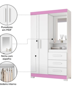 Roupeiro Solteiro NT 6020 Larg. 1.08m Branco/Rosa 2 portas 3 Gavetas Flex C/Pés - Notável - Imagem 3