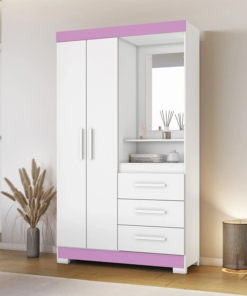 Roupeiro Solteiro NT 6020 Larg. 1.08m Branco/Rosa 2 portas 3 Gavetas Flex C/Pés - Notável
