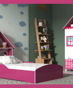 Roupeiro Casinha 2 portas + Cama Casinha 0.90m Pink/Branco Gelius