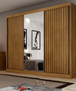 Guarda-Roupa Casal Canastra 3 Portas C/1Espelho 100% MDF Ripado Larg. 2.41m Cumaru - Novo Horizonte