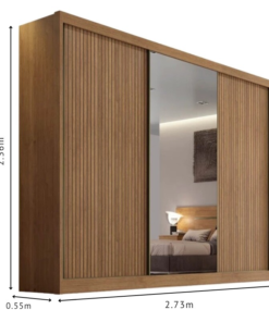 Roupeiro Sollo Plus Ripado 3D Cumaru 3 Pts 6 Gav. C/1Espelho 100% MDF Larg. 2.73m Novo Horizonte - Imagem 3