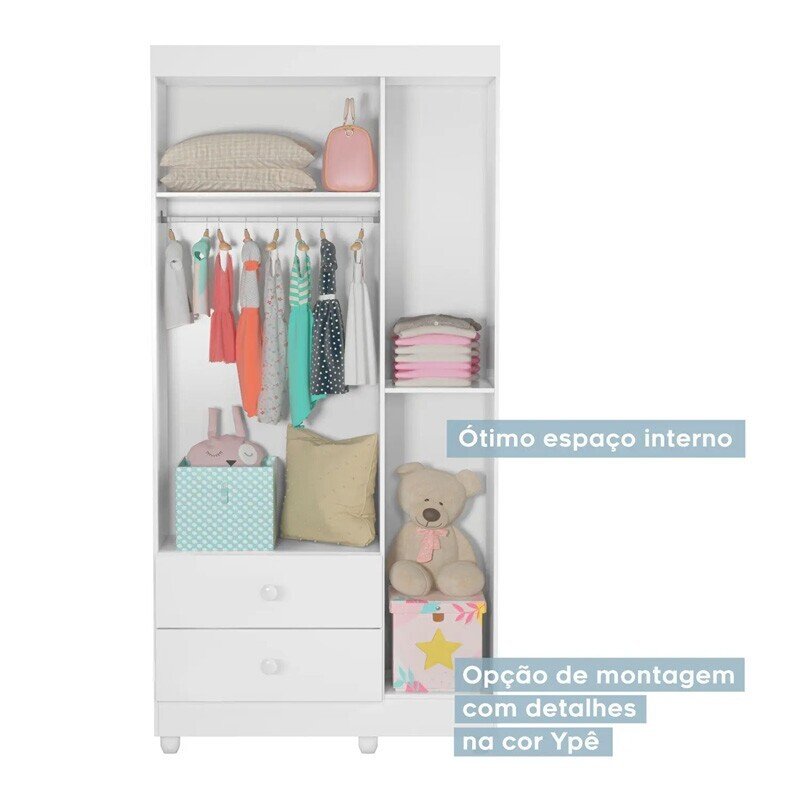 Guarda-Roupa Solteiro Life 100% MDF Flex 3 Portas 2 Gavetas Larg. 0.90m Branco/Amadeirado Tigus - Imagem 2