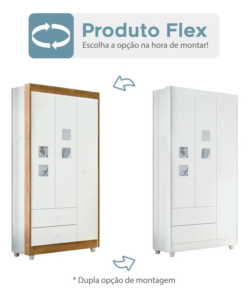 Guarda-Roupa Solteiro Life 100% MDF Flex 3 Portas 2 Gavetas Larg. 0.90m Branco/Amadeirado Tigus - Imagem 3