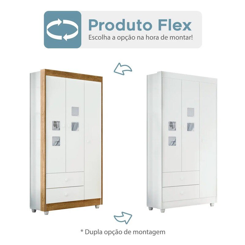 Guarda-Roupa Solteiro Life 100% MDF Flex 3 Portas 2 Gavetas Larg. 0.90m Branco/Amadeirado Tigus - Imagem 3