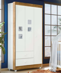 Guarda-Roupa Solteiro Life 100% MDF Flex 3 Portas 2 Gavetas Larg. 0.90m Branco/Amadeirado Tigus