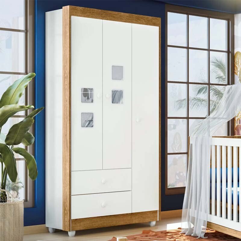 Guarda-Roupa Solteiro Life 100% MDF Flex 3 Portas 2 Gavetas Larg. 0.90m Branco/Amadeirado Tigus