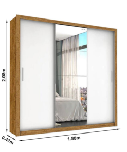 Roupeiro Casal Veneza Cinamomo/Branco 3 Portas 4 Gavetas C/ 1 Espelho Larg. 1.88m - Carioca - Imagem 3