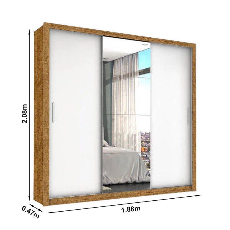 Roupeiro Casal Veneza Cinamomo/Branco 3 Portas 4 Gavetas C/ 1 Espelho Larg. 1.88m - Carioca - Imagem 3
