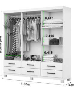 Alternative view of Guarda-Roupa Solteiro Dallas Larg. 1.53m 6 Portas 6 Gavetas Branco Com Pés Carioca