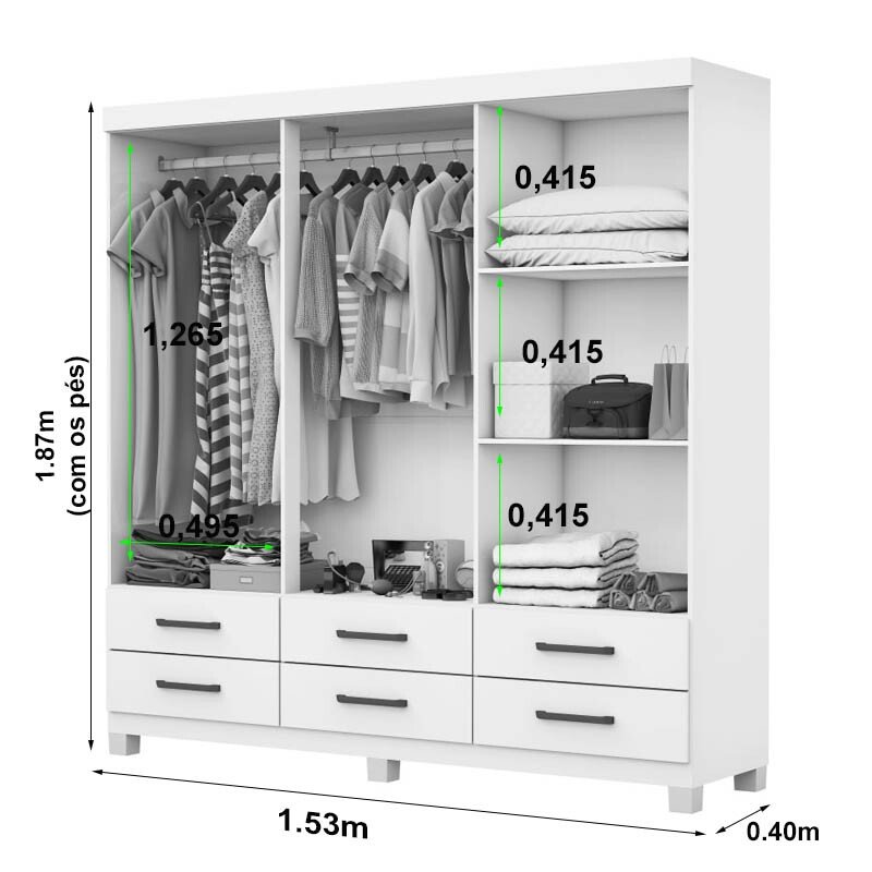 Guarda-Roupa Solteiro Dallas Larg. 1.53m 6 Portas 6 Gavetas Freijó/Branco Com Pés Carioca - Imagem 2
