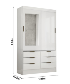 Roupeiro Solteiro Sevilha Branco 2 Portas C/ 1 Espelho 6 Gavetas Larg. 1.08m - Carioca - Imagem 3