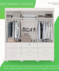 Alternative view of Roupeiro Casal Athenas Branco 3 Portas 9 Gavetas C/ Espelho e Pés 100% MDF Larg. 1.80m - Bianchi