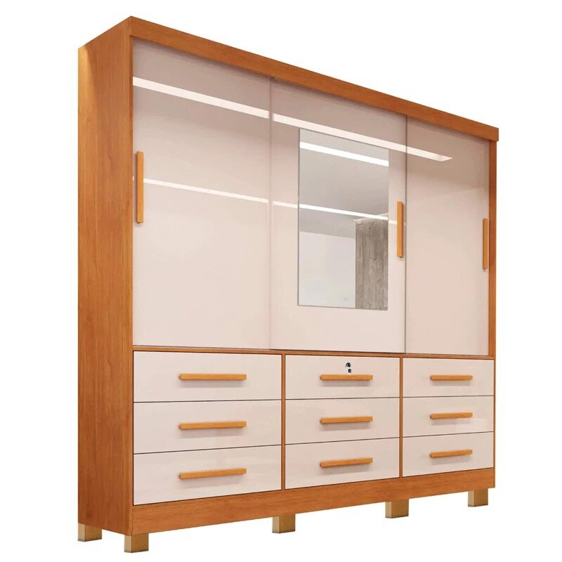 Guarda-roupa Casal Athenas Nature/Off 3 Portas 9 Gavetas C/ Espelho e Pés 100% MDF Larg. 1.80m - Bianchi