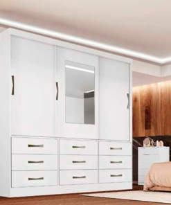 Guarda-Roupa Casal Athenas C/Espelho 3 Portas 9 Gavetas Branco Larg. 1.80m 100% MDF Bianchi