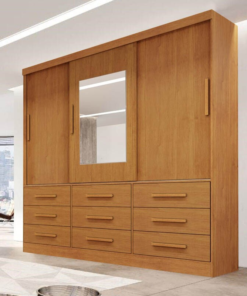 Guarda-Roupa Casal Athenas C/Espelho 3 Portas 9 Gavetas Nature Larg. 1.80m 100% MDF Bianchi