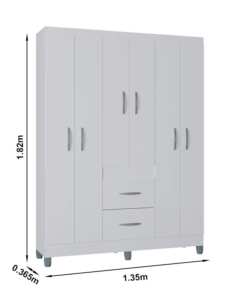 Roupeiro Solteiro Milão Branco 6 Portas 2 Gavetas C/Pés Larg. 1.35m - Poquema - Imagem 3
