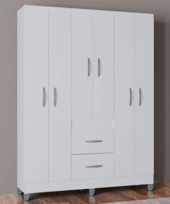 Roupeiro Solteiro Milão Branco 6 Portas 2 Gavetas C/Pés Larg. 1.35m - Poquema