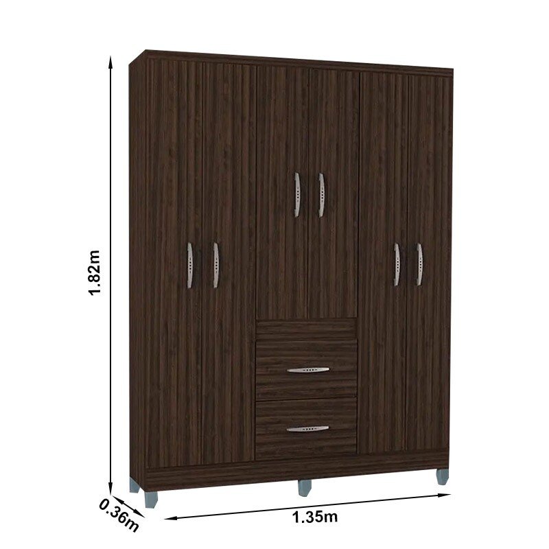 Roupeiro Solteiro Milão Chocolate 6 Portas 2 Gavetas C/Pés Larg. 1.35m - Poquema - Imagem 3
