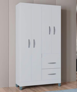 Roupeiro Solteiro Milão Branco 4 Portas 2 Gavetas c/Pés Larg. 0.91m - Poquema