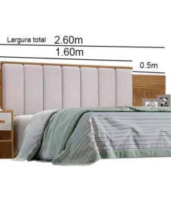 Cabeceira Queen 1.60m Íris Acolchoada Linho Bege e Detalhe Ripado Ipê/Off D Doro