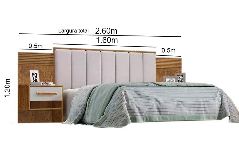 Cabeceira Queen 1.60m Íris Acolchoada Linho Bege e Detalhe Ripado Ipê/Off D Doro