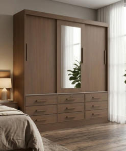 Guarda-roupa Casal Meridian Gold Castanho 3 Portas 9 Gavetas C/ 1 Espelho Larg. 2.00m - D Doro