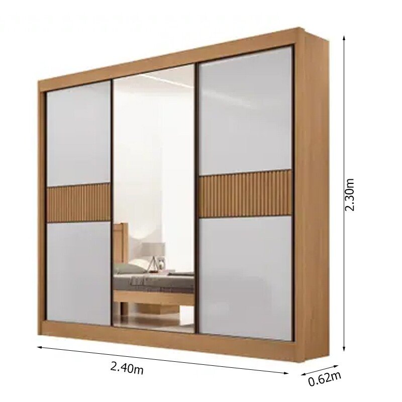 Roupeiro Casal Cristal Ripado Cinamomo/Off 3 Portas 6 Gavetas C/ 1 Espelho 100% MDF Larg. 2.42m - D Doro - Imagem 2