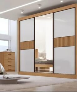 Roupeiro Casal Cristal Ripado Cinamomo/Off 3 Portas 6 Gavetas C/ 1 Espelho 100% MDF Larg. 2.42m - D Doro