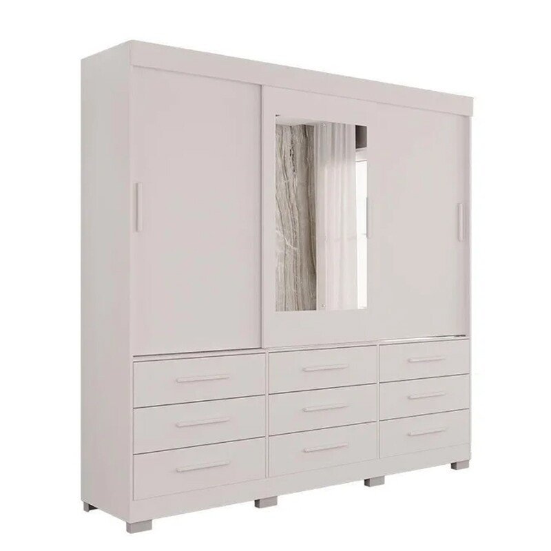 Guarda-Roupa Casal New Star 3 Portas 9 Gavetas Branco c/ 1 Espelho c/Pés Larg. 1.80m Sallêto - Imagem 3