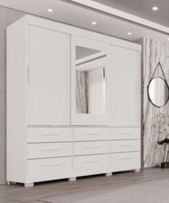 Guarda-Roupa Casal New Star 3 Portas 9 Gavetas Branco c/ 1 Espelho c/Pés Larg. 1.80m Sallêto