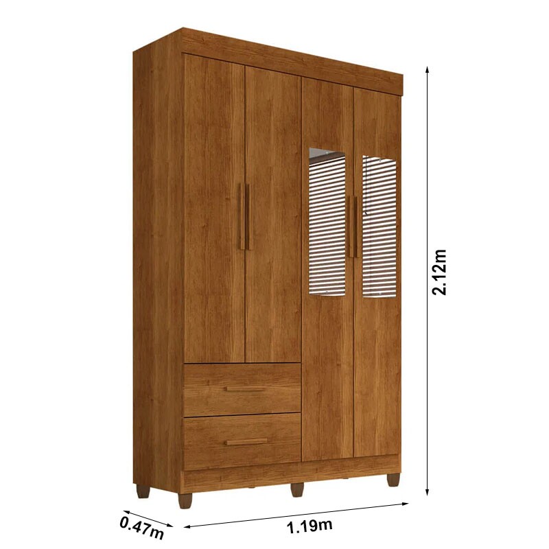 Guarda-Roupa Solteiro Verona 4 Portas 2 gavetas c/Espelho Cinamomo Larg. 1.19m Com Pés Sallêto - Imagem 3