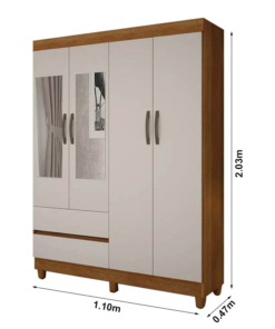 Guarda-Roupa Solteiro New Porto 4 Portas 2 Gavetas c/Espelho Cinamomo/Off Larg. 1.10m Com Pés Sallêto - Imagem 3