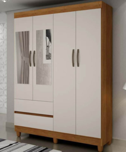 Guarda-Roupa Solteiro New Porto 4 Portas 2 Gavetas c/Espelho Cinamomo/Off Larg. 1.10m Com Pés Sallêto