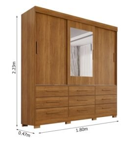 Guarda-roupa Casal New Star Cinamomo 3 Portas 9 Gavetas C/ 1 Espelho C/pés Larg. 1.80m - Sallêto - Imagem 3