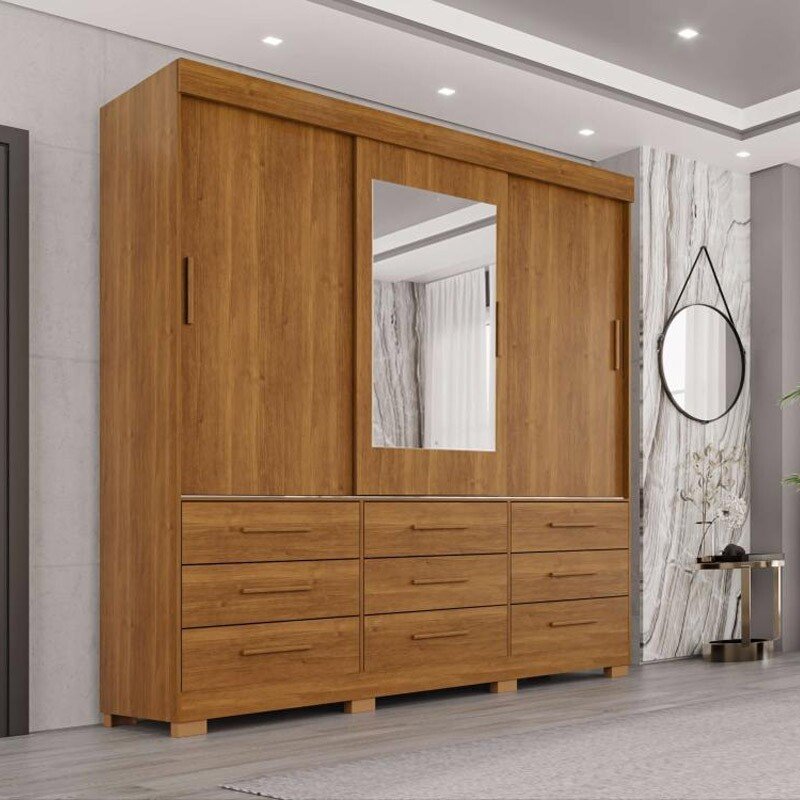 Guarda-roupa Casal New Star Cinamomo 3 Portas 9 Gavetas C/ 1 Espelho C/pés Larg. 1.80m - Sallêto