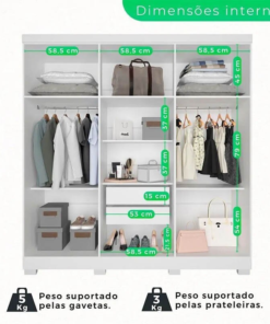 Guarda-roupa Casal Recife Branco 6 Portas C/Pés Larg. 1.80m - Sallêto - Imagem 3