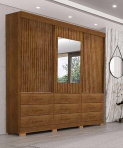 Roupeiro New Star Cinamomo 3 Portas 9 Gavetas Ripado 3D C/ 1 Espelho C/Pés Larg. 1.80m - Sallêto